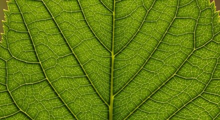 Fototapeta premium Close-up Macro View of a Vibrant Green Leaf's Intricate Vein Structure and Texture