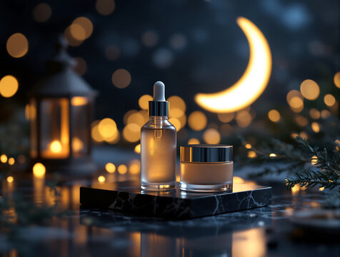 Serene Ramadan Night Scene with Cosmetic Products under Moonlight, Crescent Moon Visible, Lanterns and Lights Shining, Products Displayed on Dark Surface