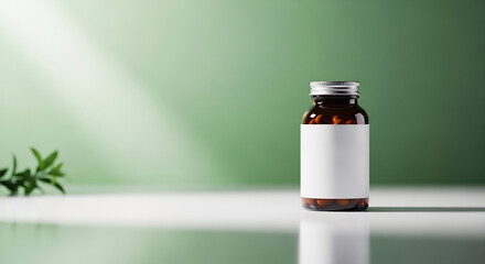 빛나는 약병, 싱그러운 녹색 배경 위에 놓여있다