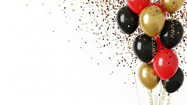 Vibrant party balloons and confetti on white background for celebration