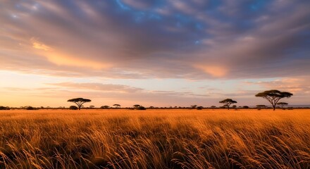 Obraz premium Serene African savanna landscape at sunset with acacia trees and golden grasses, painted with warm sky colors