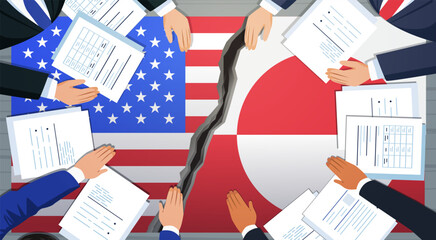 United States Greenland diplomatic conflict negotiation table cracked flags hands documents business suits international relations Arctic politics © mast3r
