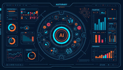 Obraz premium Futuristic ai dashboard with various charts and graphs on a dark blue background