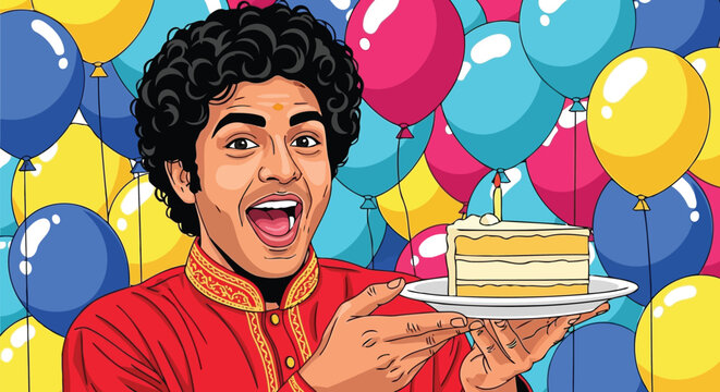 Happy Indian man holding birthday cake slice with balloons vector art