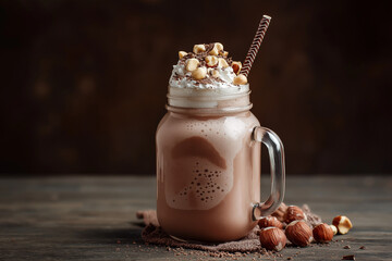 Decadent Nutella Milkshake in Glass Jar with Chocolate Drizzle and Hazelnut Garnish