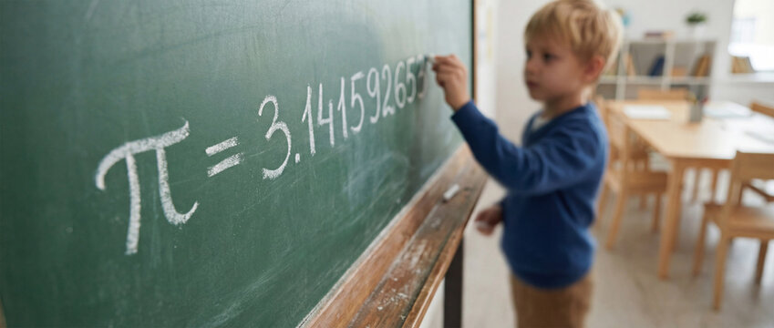 Left-handed child prodigy writes math Pi constant value on green chalkboard in modern classroom, STEM concept, International Day of Mathematics, Pi Day
