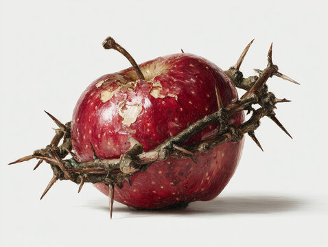 A red apple is pierced by a crown of thorns, symbolizing sacrifice and suffering.