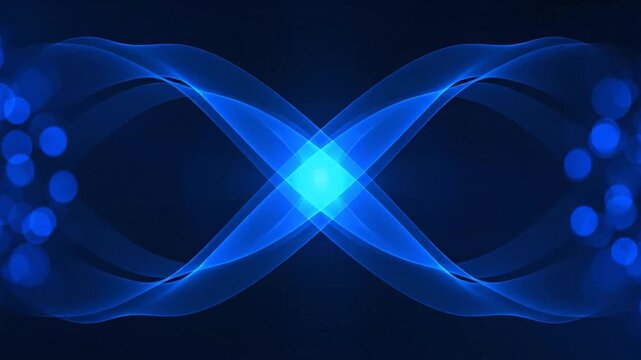 Abstract blue composition with intersecting luminous ribbons on a deep indigo background, with bokeh effects