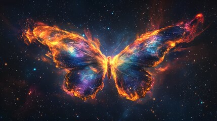 Naklejka premium Fiery butterfly wings with glowing cosmic nebula patterns float in the deep dark night sky.