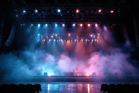 A stage glows with pink and blue lights, shrouded in smoke. Use for concerts, theatre productions, or any live performance.