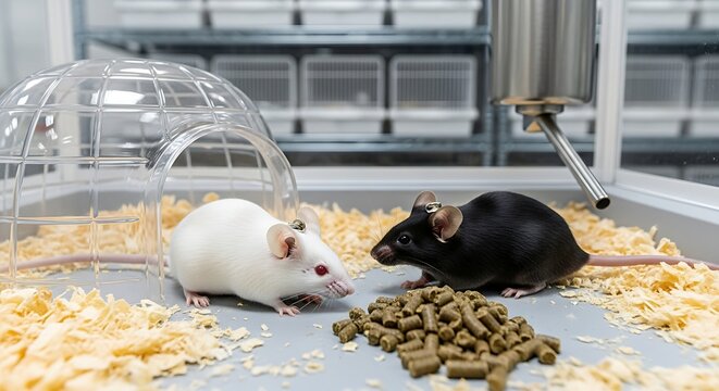 Two laboratory mice one white and one black in a research facility with food pellets.
