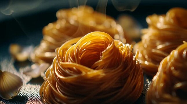 Cinematic close-up of luxury fine dining food, gourmet pastry dessert on dark background