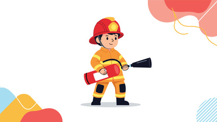 Young boy dressed as a brave firefighter wearing a red helmet and uniform while holding a red fire extinguisher.