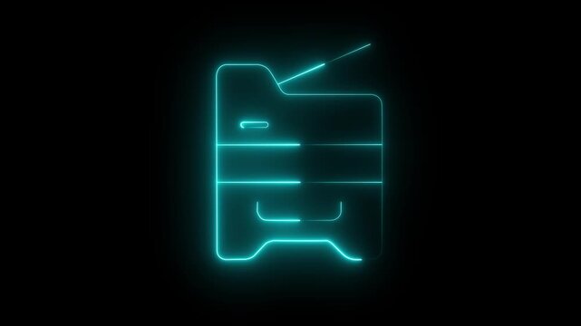 Glowing neon photocopier icon .copying document line animation on black background. copy machine in office .multifunction printer . 4k motion graphics animation.