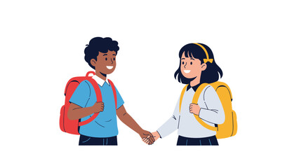 Fototapeta premium Two students, a boy and a girl, wearing school backpacks shaking hands as they meet for the first time or agree on a collaborative project.