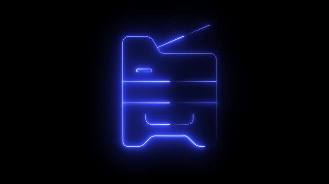 Glowing neon photocopier icon .copying document line animation on black background. copy machine in office .multifunction printer . 4k motion graphics animation.