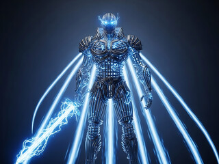 빛나는 갑옷 로봇, 강렬한 푸른 에너지 발산