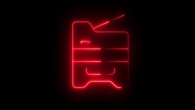 Glowing neon photocopier icon .copying document line animation on black background. copy machine in office .multifunction printer . 4k motion graphics animation.