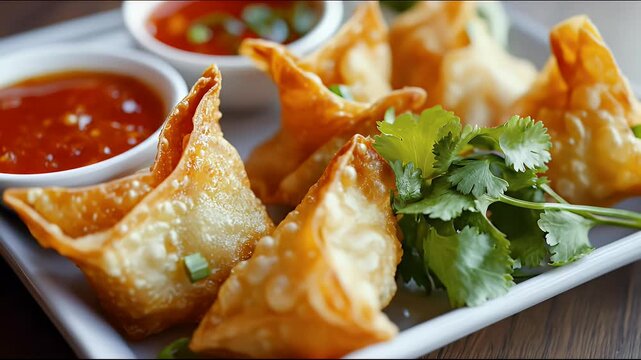 Crispy fried wontons with vibrant red chili dipping sauce and fresh cilantro garnish close up shot on a white plate delicious appetizer