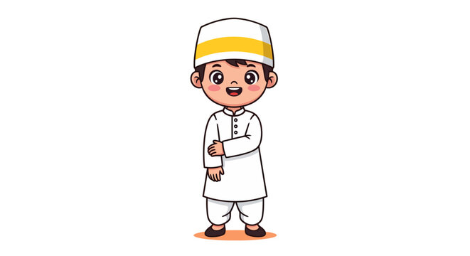 Young Boy in White Traditional Muslim Clothing with a Cap