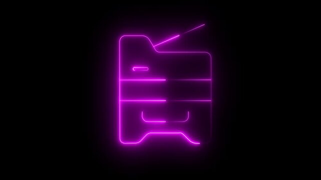 Glowing neon photocopier icon .copying document line animation on black background. copy machine in office .multifunction printer . 4k motion graphics animation.