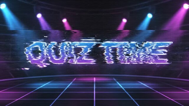 A vibrant, retro-futuristic stage with neon lights and a glitchy "QUIZ TIME" text, perfect for a game show or trivia event.