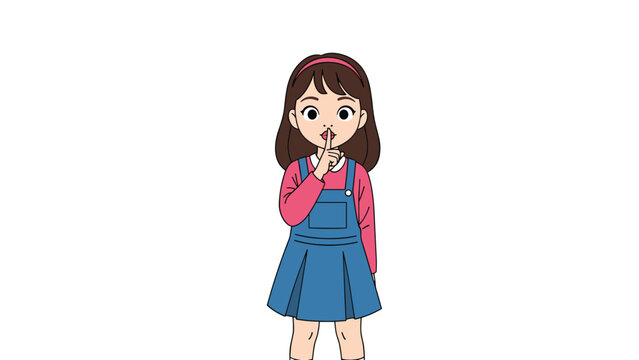 Cute young girl with brown hair and a headband wearing a blue denim jumper making a quiet shushing gesture with her finger to lips.