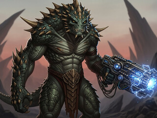 강력한 파충류 전사, 미래적인 총을 들고 포즈