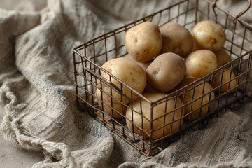 Fresh Raw Potatoes in Rustic Wire Basket - Organic Harvest Farm Scene with Natural Soil Textures