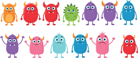 Cute cartoon monster characters set with colorful funny creatures showing different emotions, fantasy kids mascots collection isolated on white background © Shafali
