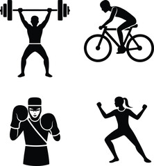 Collection of sports silhouette icons including a man lifting a barbell, a female boxer, a cyclist on a bike, and a person doing aerobics exercise.