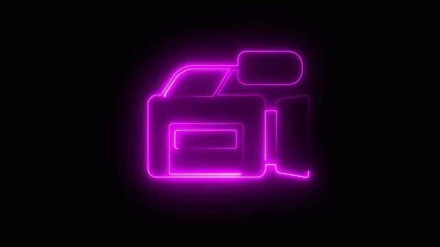 Glowing neon cinema camera icon on black background . video camera, movie sign ,film projector . 4k motion graphics animation.