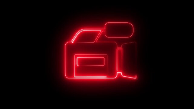 Glowing neon cinema camera icon on black background . video camera, movie sign ,film projector . 4k motion graphics animation.
