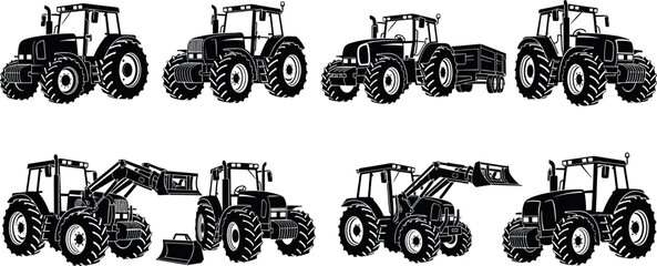 Farm tractor silhouette set featuring agricultural machinery with loader, trailer, and different angles isolated on white background vector illustration for rural farming design © Shafali