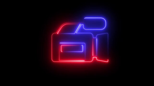 Glowing neon cinema camera icon on black background . video camera, movie sign ,film projector . 4k motion graphics animation.
