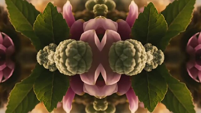 Symmetrical floral kaleidoscope effect with soft pink petals and green leaves, creating a tranquil and organic visual for nature-themed backgrounds.