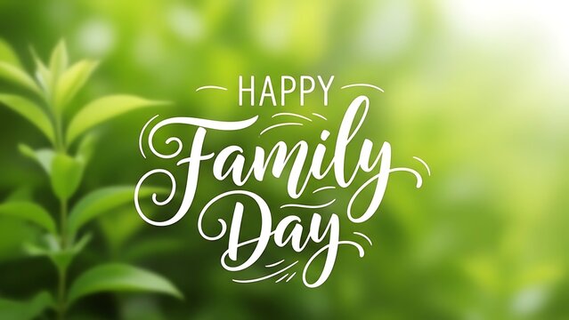 Happy family day greeting with blurred green foliage background and elegant white calligraphy lettering