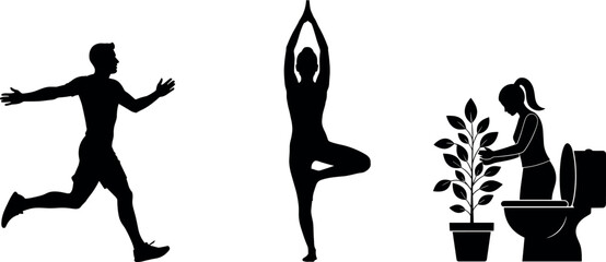 Fototapeta premium Healthy lifestyle silhouettes showing running man yoga pose and woman caring for plant symbolizing fitness mindfulness wellness and sustainable daily habits concept