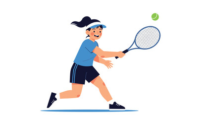 Active young girl wearing a visor and athletic wear running to hit a tennis ball with her racket during a competitive game.