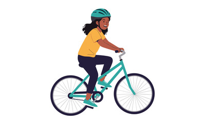 Fototapeta premium Happy young girl wearing a safety helmet and casual clothes while riding a blue bicycle against a clean white background.