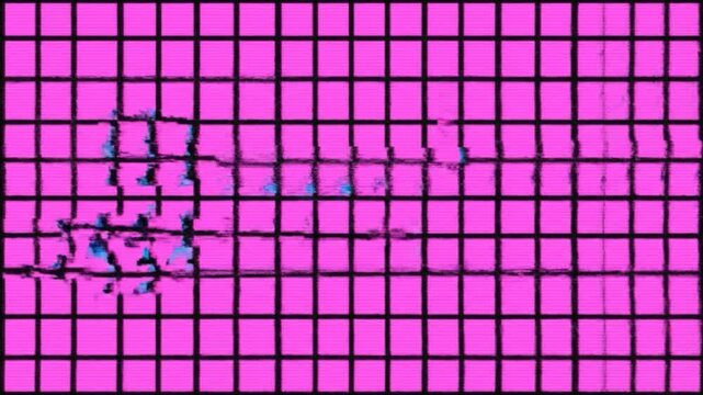 Vibrant pink grid with dynamic abstract digital glitch effects and subtle blue accents