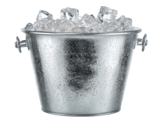 A bucket filled with sparkling ice cubes, perfect for cooling beverages on a hot day. The metallic bucket glistens, hinting at refreshing drinks  Isolated Transparent Background, PNG