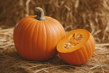 Whole and Halved Pumpkins with Rich Orange Flesh - Autumn Harvest Agriculture and Culinary Concept