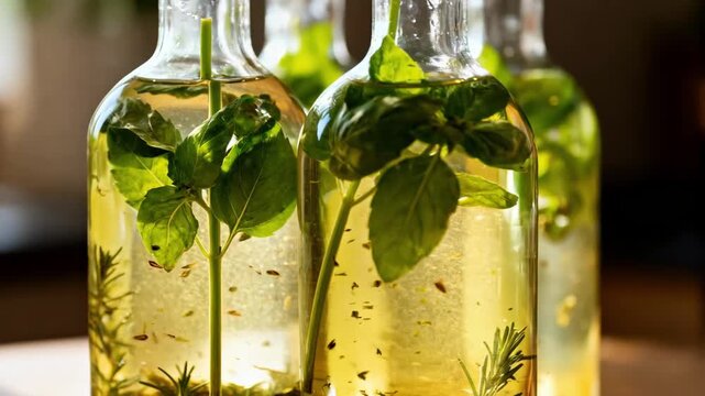 Medium shot capturing fresh herbs submerged in transparent vinegar inside glass demijohns highlighting green leaves and aromatic infusion.