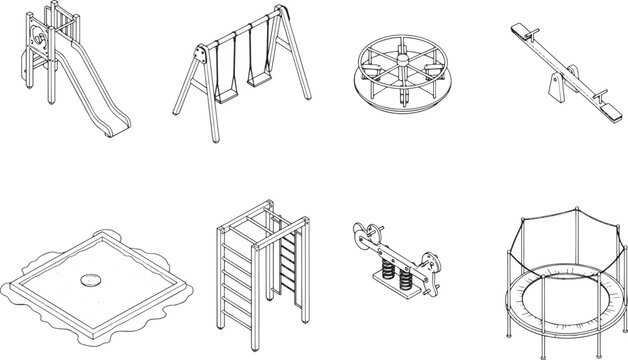 A detailed isometric perspective of an outdoor playground, with a diverse range of recreational elements, fostering play and exercise for kids.
