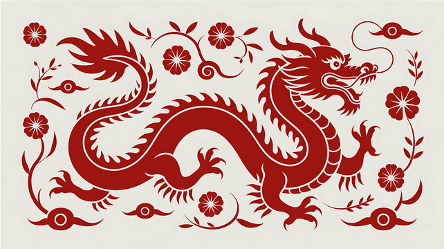 Elegant red Chinese dragon artwork with detailed scales and floral motifs on a pale background, representing strength and tradition.