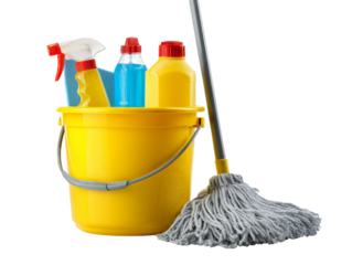 A collection of cleaning supplies arranged together, including a yellow bucket, bottles of cleaning liquids, and a mop. Perfect for illustrating hygiene, tidiness. Isolated Transparent Background, PNG