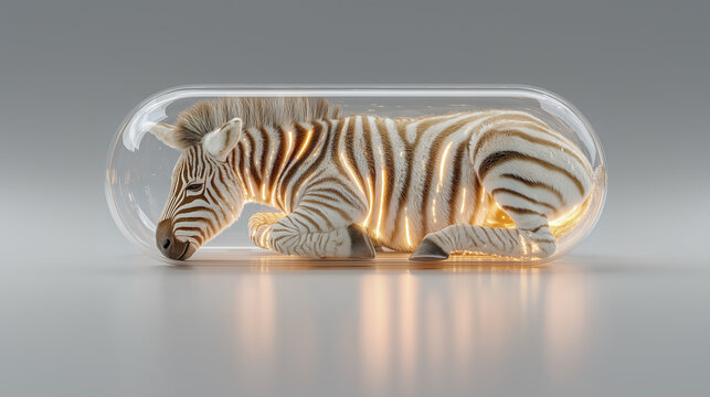 Sleep A Zebra sleeping peacefully inside a glass container of a Quantum Computing Core A