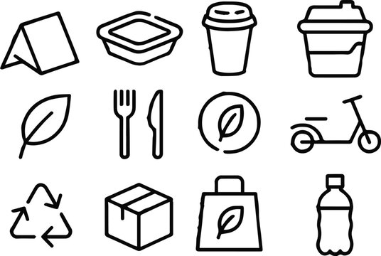 sustainability vector icons set food delivery utensils and box