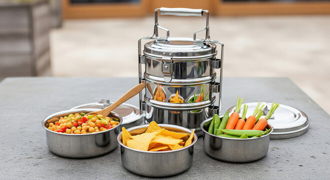Stainless Steel Tiered Tiffin Carrier with Healthy Snacks and Lunch